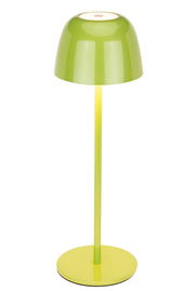 Grüne Akku-Tischleuchte mit rundem Schirm und schlankem Standfuß, seitliche Perspektive