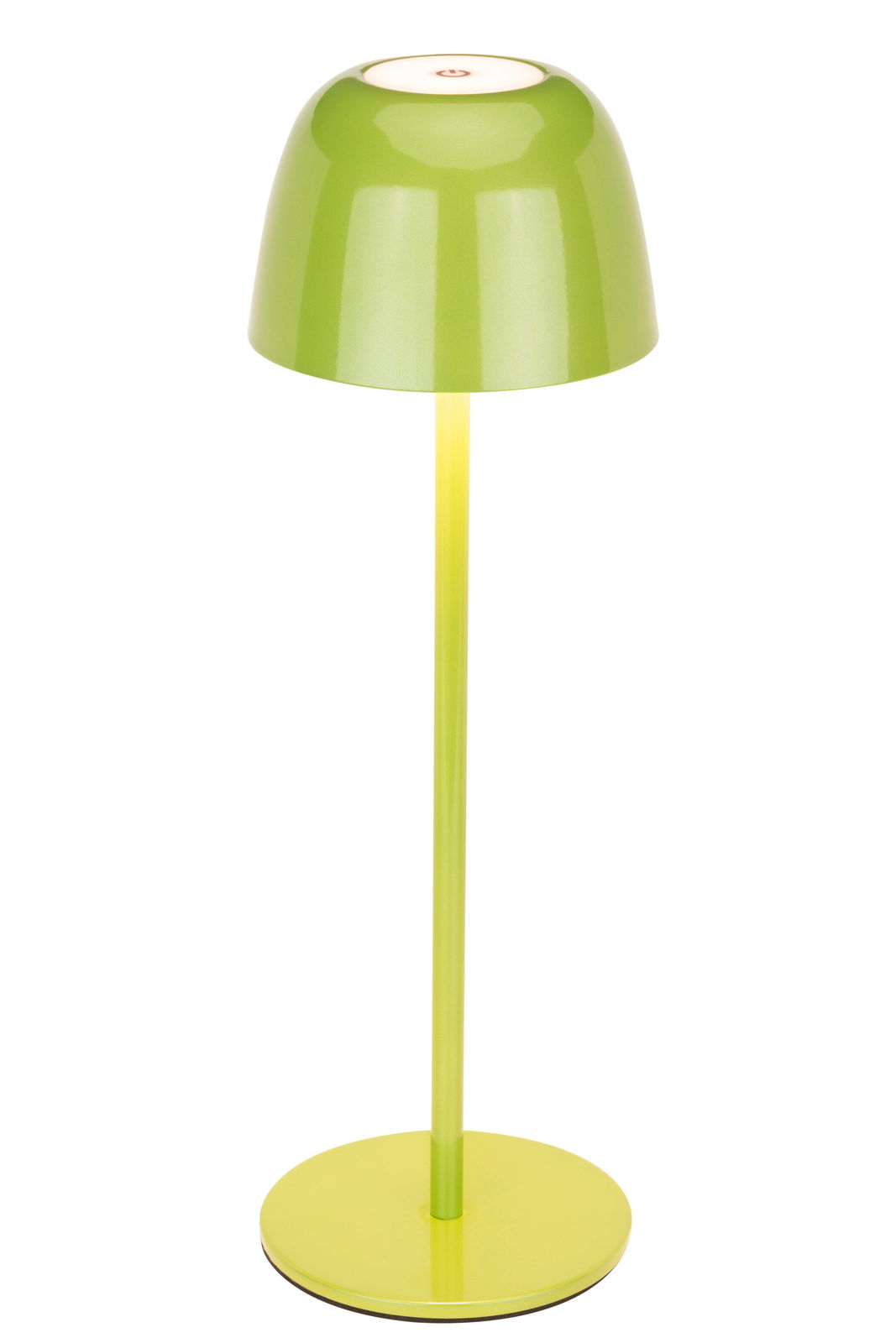 Grüne Akku-Tischleuchte mit rundem Schirm und schlankem Standfuß, seitliche Perspektive