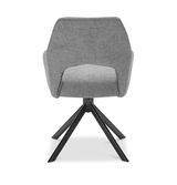 Rückansicht eines grauen Armlehnstuhls mit schwarzem Metallgestell und vier Beinen.