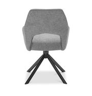 Rückansicht eines grauen Armlehnstuhls mit schwarzem Metallgestell und vier Beinen.