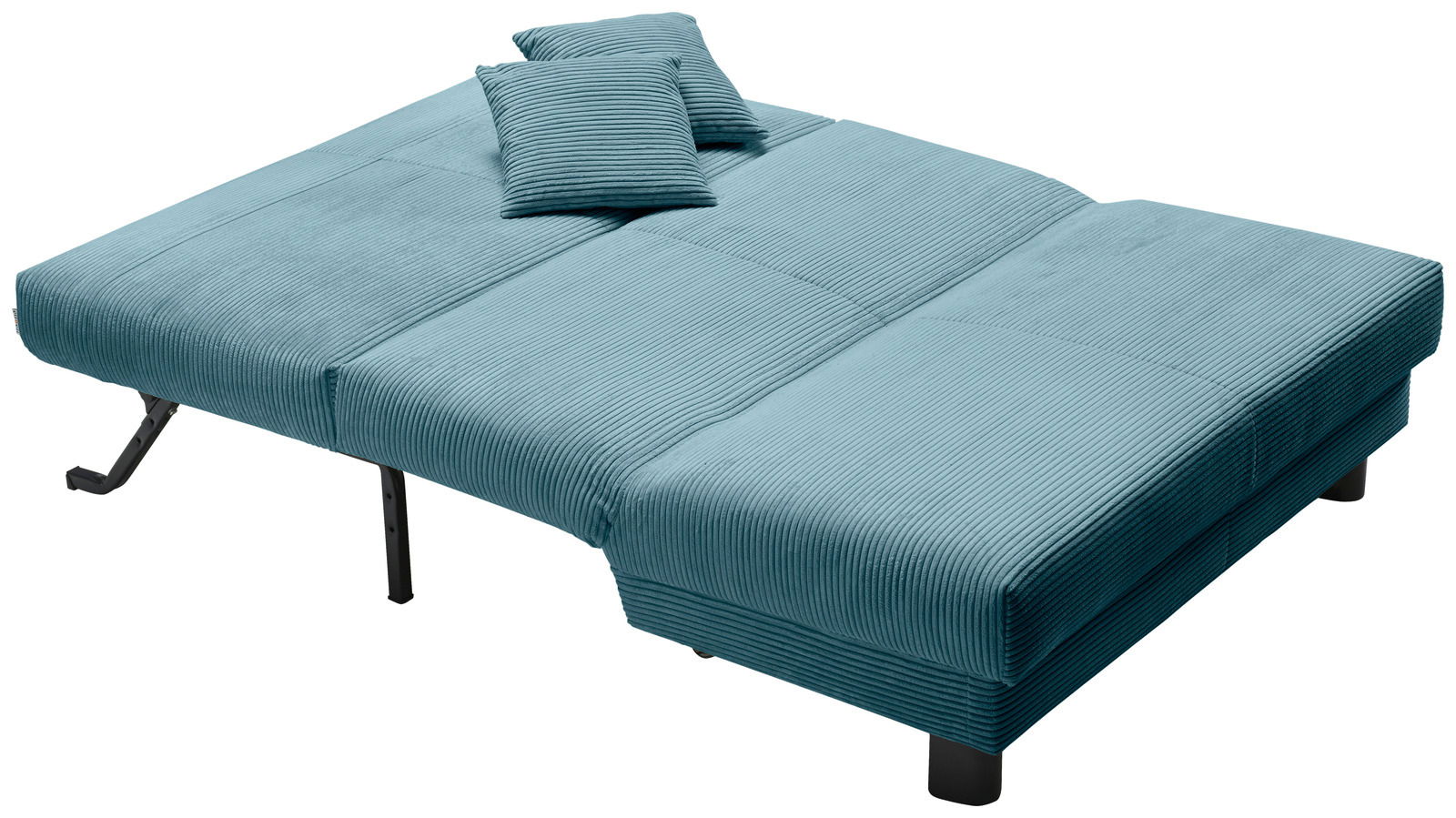 Funktionssofa in türkis mit zwei Kissen, von schräg oben fotografiert