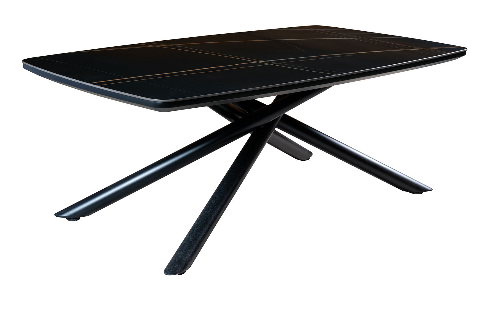 Moderner Couchtisch mit schwarzer Tischplatte und gekreuzten Beinen, seitliche Perspektive