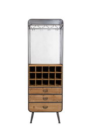 Weinregal aus Holz und Metall mit Flaschenfächern und Schubladen, Frontalansicht