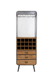 Weinregal aus Holz und Metall mit Flaschenfächern und Schubladen, Frontalansicht