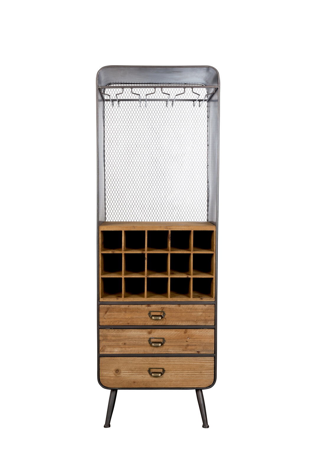 Weinregal aus Holz und Metall mit Flaschenfächern und Schubladen, Frontalansicht