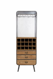 Weinregal aus Holz und Metall mit Flaschenfächern und Schubladen, Frontalansicht