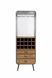 Weinregal aus Holz und Metall mit Flaschenfächern und Schubladen, Frontalansicht