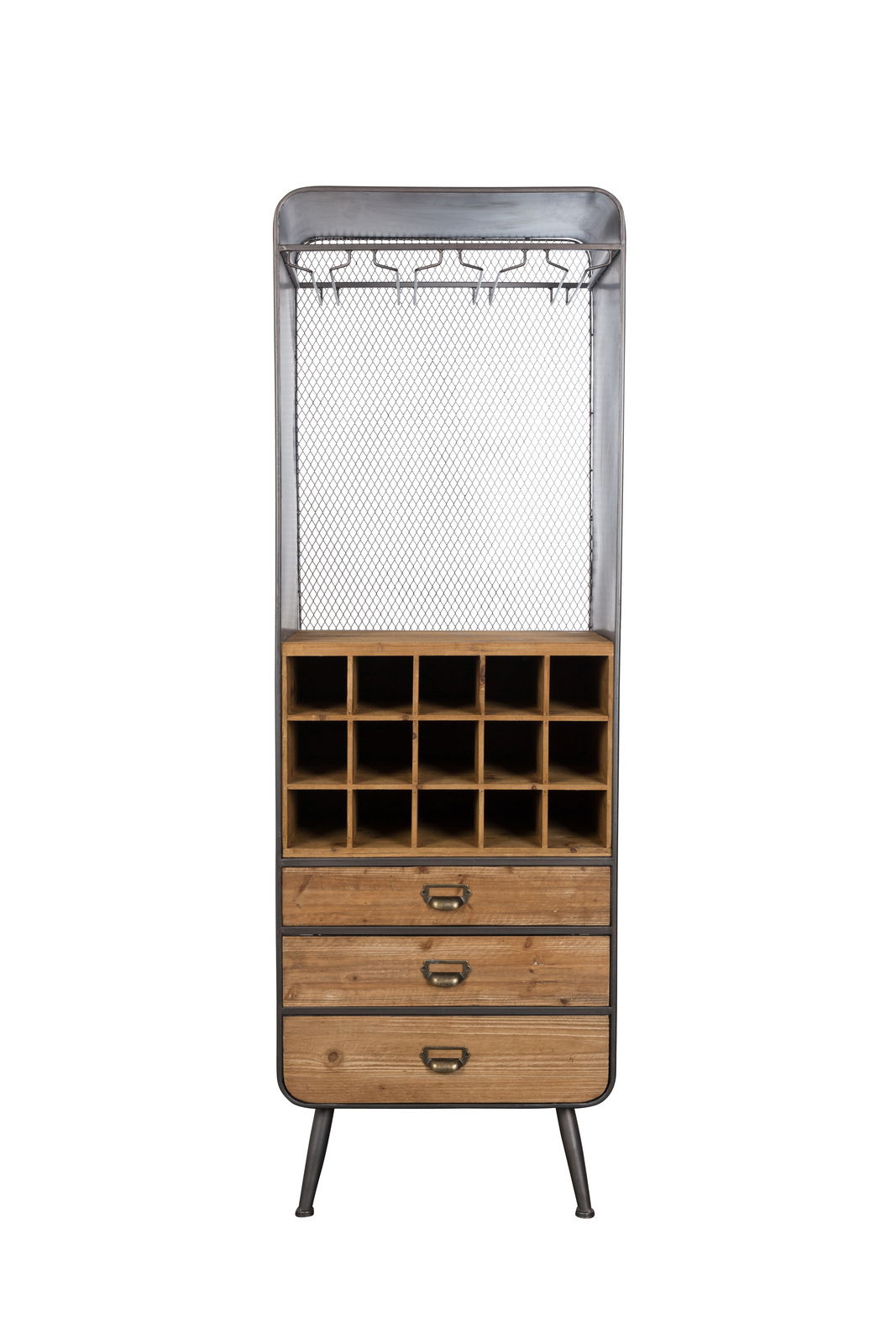 Weinregal aus Holz und Metall mit Flaschenfächern und Schubladen, Frontalansicht