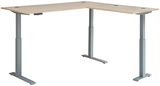 Moderner Winkelschreibtisch mit zwei Motoren, höhenverstellbar, aus hellem Holz und grauem Metallgestell, seitliche Perspektive.