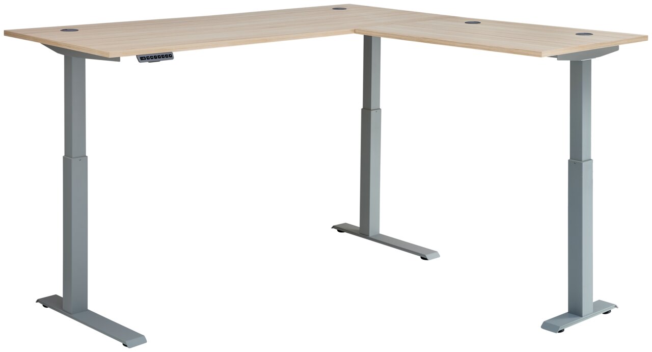 Modern hoekbureau met twee motoren, in hoogte verstelbaar, van licht hout en een grijs metalen frame, zijaanzicht.