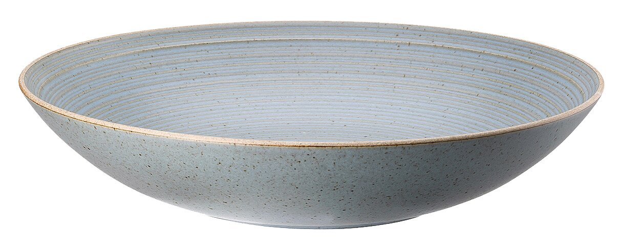 Tiefer Teller aus Keramik mit blauer, gestreifter Glasur, seitliche Perspektive