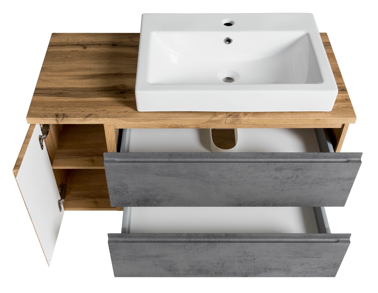 Waschtisch-Set 105 cm aus Holz mit weißem Waschbecken, grauen Schubladen und geöffneter Tür, Vogelperspektive