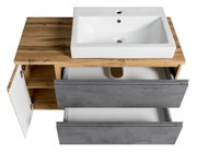 Waschtisch-Set 105 cm aus Holz mit weißem Waschbecken, grauen Schubladen und geöffneter Tür, Vogelperspektive