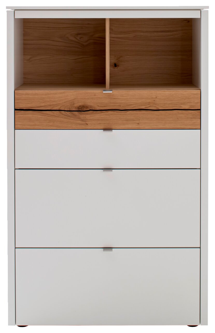 Frontansicht einer modernen Highboard-Vitrine mit weißem Korpus und Holzelementen.