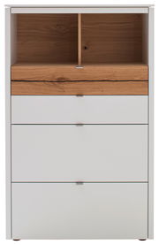 Frontansicht einer modernen Highboard-Vitrine mit weißem Korpus und Holzelementen.