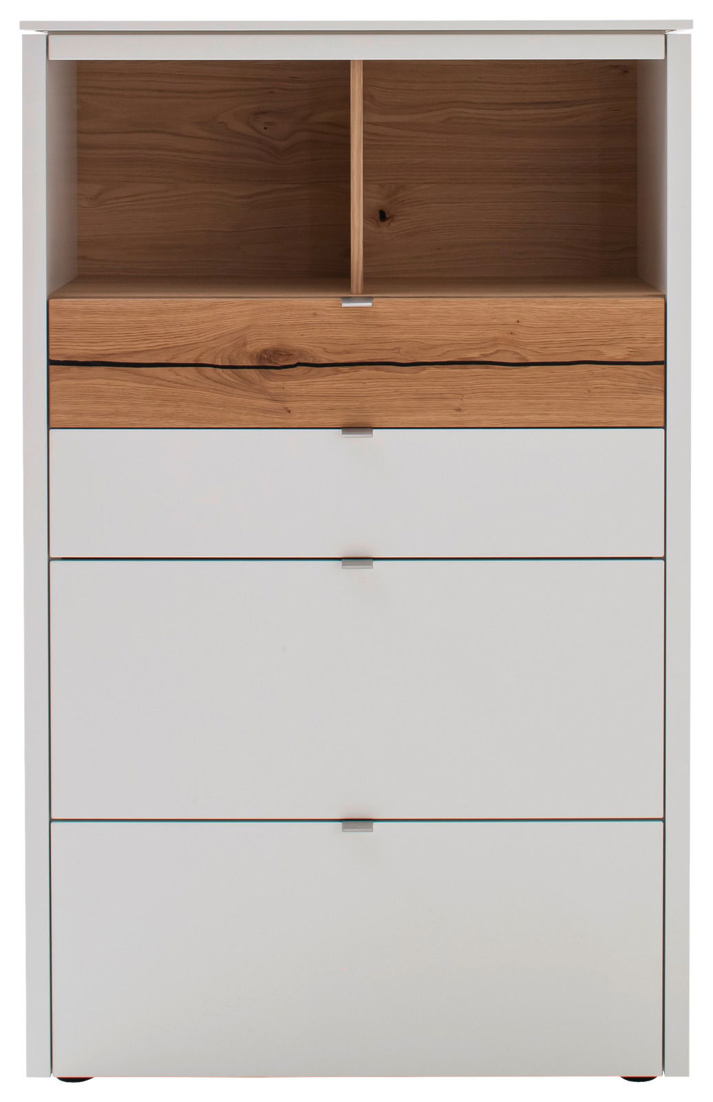Frontansicht einer modernen Highboard-Vitrine mit weißem Korpus und Holzelementen.