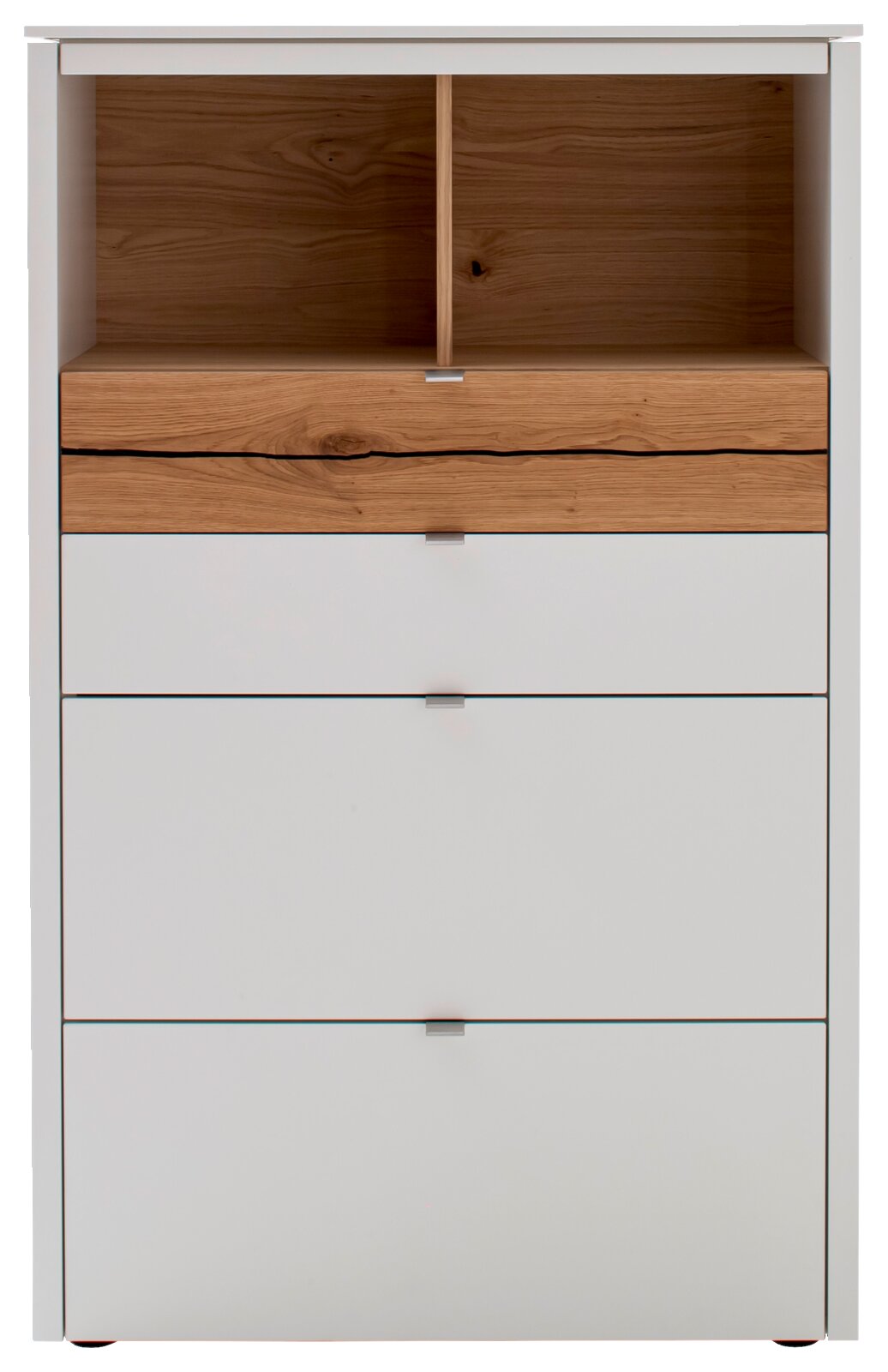 Frontansicht einer modernen Highboard-Vitrine mit weißem Korpus und Holzelementen.