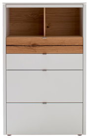 Frontansicht einer modernen Highboard-Vitrine mit weißem Korpus und Holzelementen.
