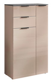 Modernes Highboard in Beige mit drei Schubladen und einer Tür, seitliche Perspektive