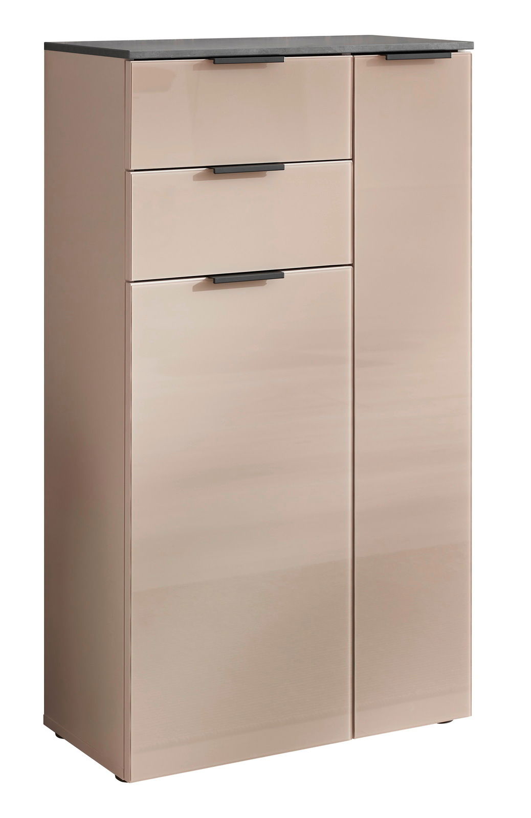 Modernes Highboard in Beige mit drei Schubladen und einer Tür, seitliche Perspektive