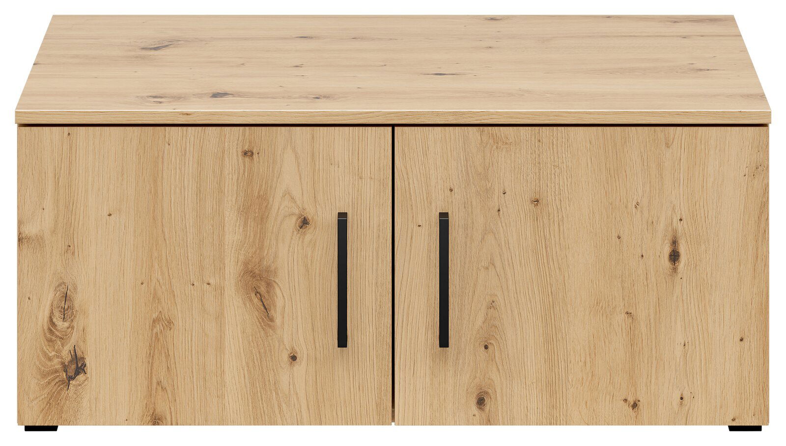 Frontansicht eines Aufsatzschranks aus Holz mit zwei Türen und schwarzen Griffen.