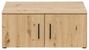 Frontansicht eines Aufsatzschranks aus Holz mit zwei Türen und schwarzen Griffen.