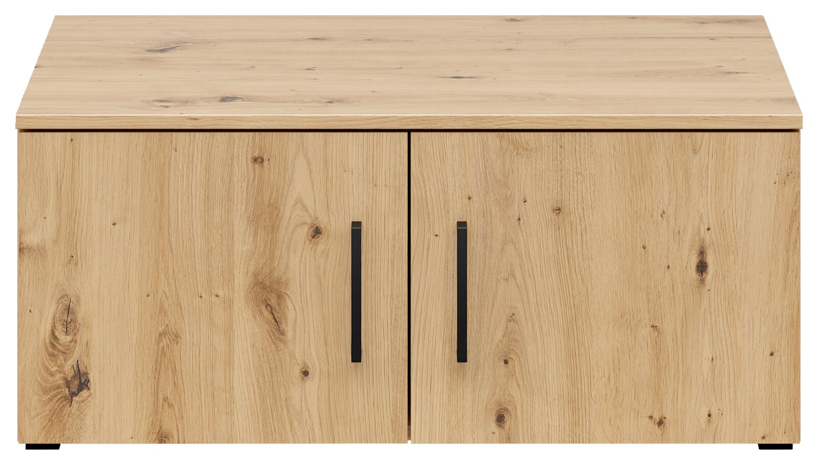 Frontansicht eines Aufsatzschranks aus Holz mit zwei Türen und schwarzen Griffen.