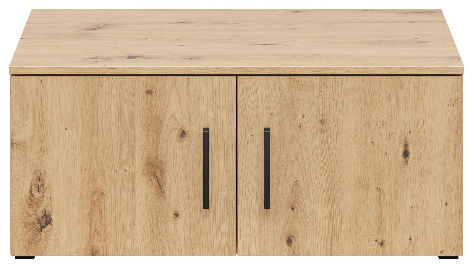 Frontansicht eines Aufsatzschranks aus Holz mit zwei Türen und schwarzen Griffen.