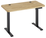 Moderner E-Schreibtisch mit Holzplatte und schwarzen Metallbeinen, seitliche Perspektive