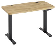 Moderner E-Schreibtisch mit Holzplatte und schwarzen Metallbeinen, seitliche Perspektive