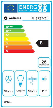 Energieeffizienzlabel für ein Küchengerät, Modell KH1727-3H, mit Energieklasse B, einem jährlichen Energieverbrauch von 28 kWh und einer Lautstärke von 64 dB. Frontalansicht.