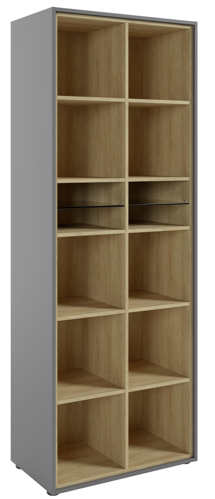 Novel Aktenregal hoch COLORADO Hohes Aktenregal mit grauem Rahmen und Holzeinlegeböden, frontal betrachtet.