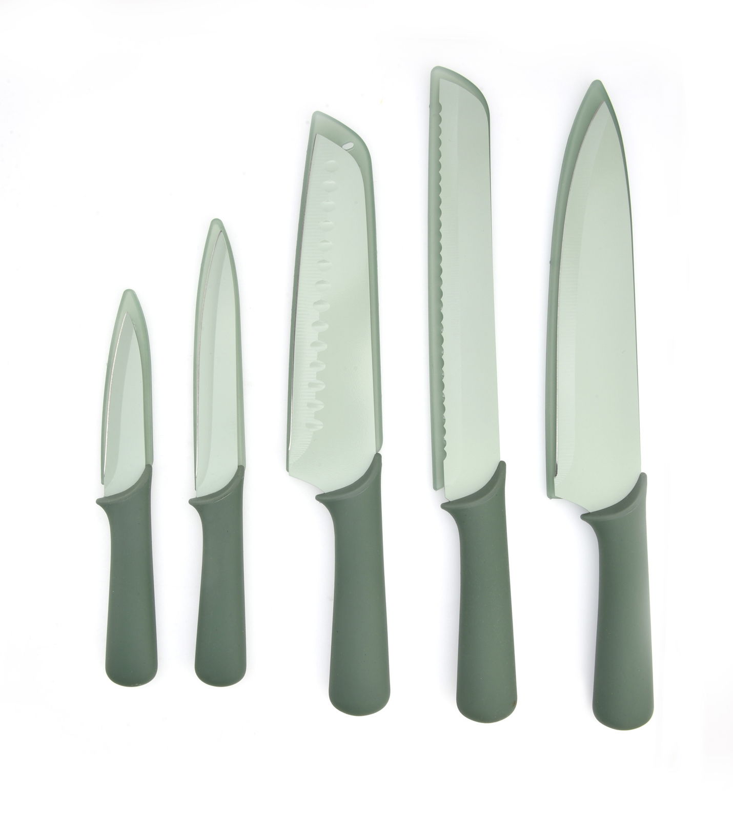 Homeware Messerset 5-tlg. Fünfteiliges Messerset mit grauen Griffen, von oben betrachtet.