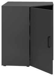 Eckkommode in dunklem Design mit geöffneter Tür, seitliche Perspektive