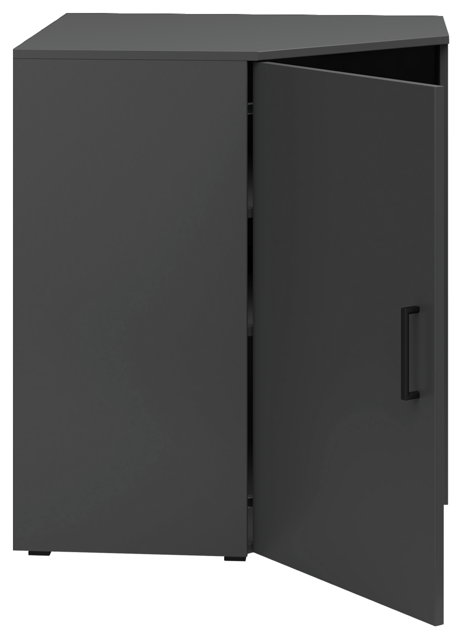 Eckkommode in dunklem Design mit geöffneter Tür, seitliche Perspektive