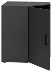 Eckkommode in dunklem Design mit geöffneter Tür, seitliche Perspektive