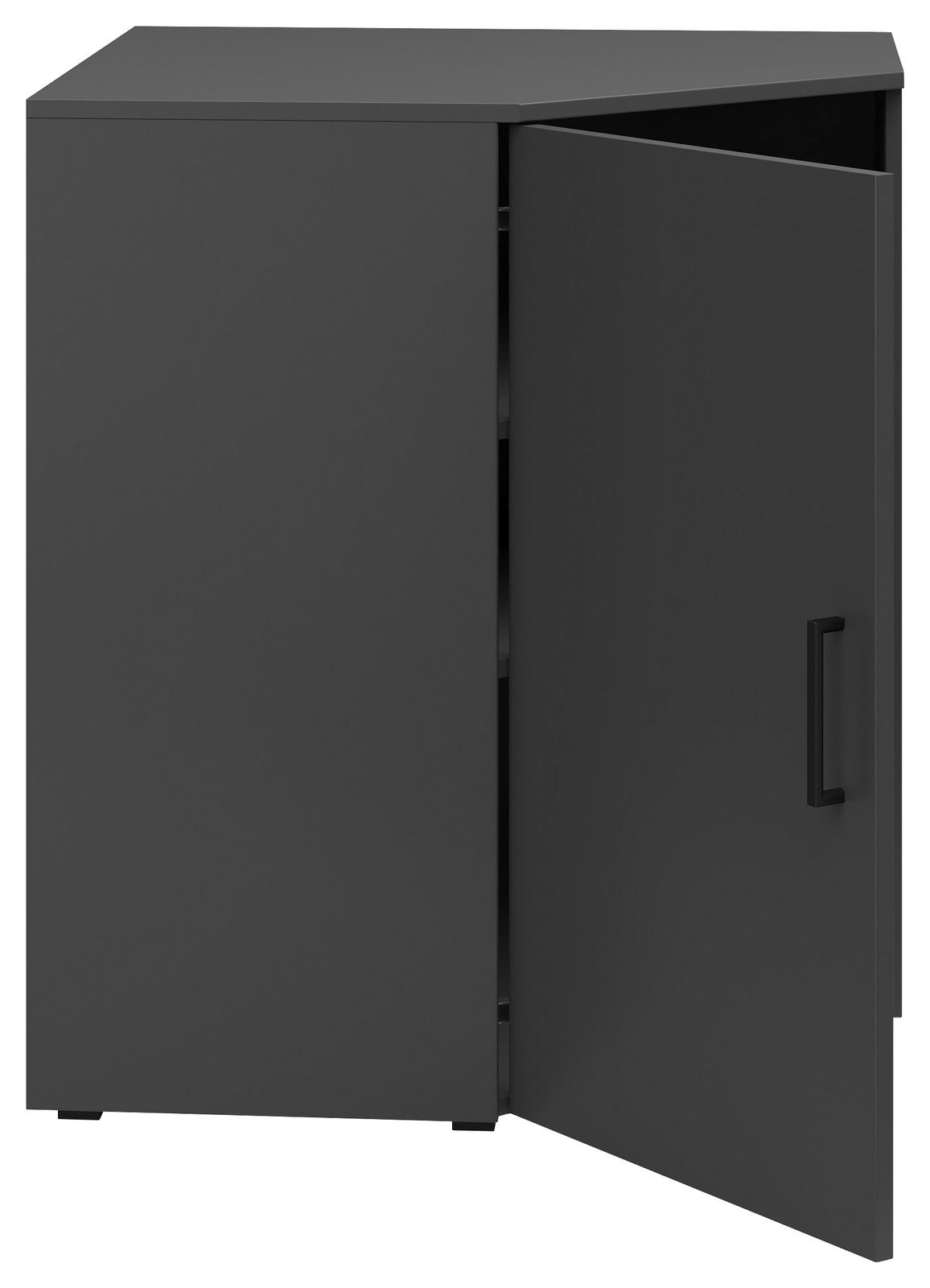 Eckkommode in dunklem Design mit geöffneter Tür, seitliche Perspektive