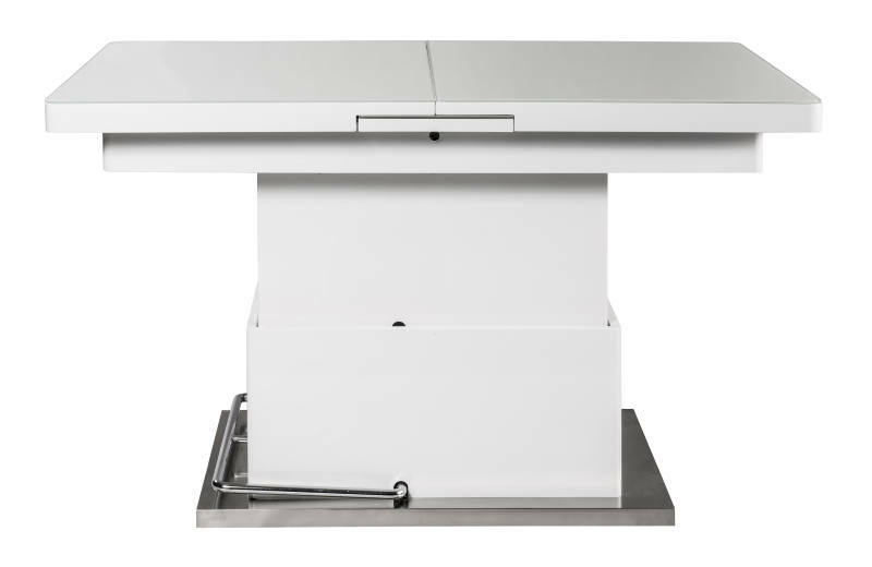 Moderner weißer Funktions-Couchtisch mit verstellbarer Höhe, seitliche Ansicht