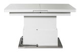 Moderner weißer Funktions-Couchtisch mit verstellbarer Höhe, seitliche Ansicht