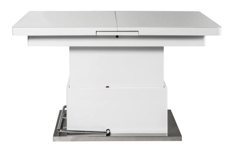 Moderner weißer Funktions-Couchtisch mit verstellbarer Höhe, seitliche Ansicht