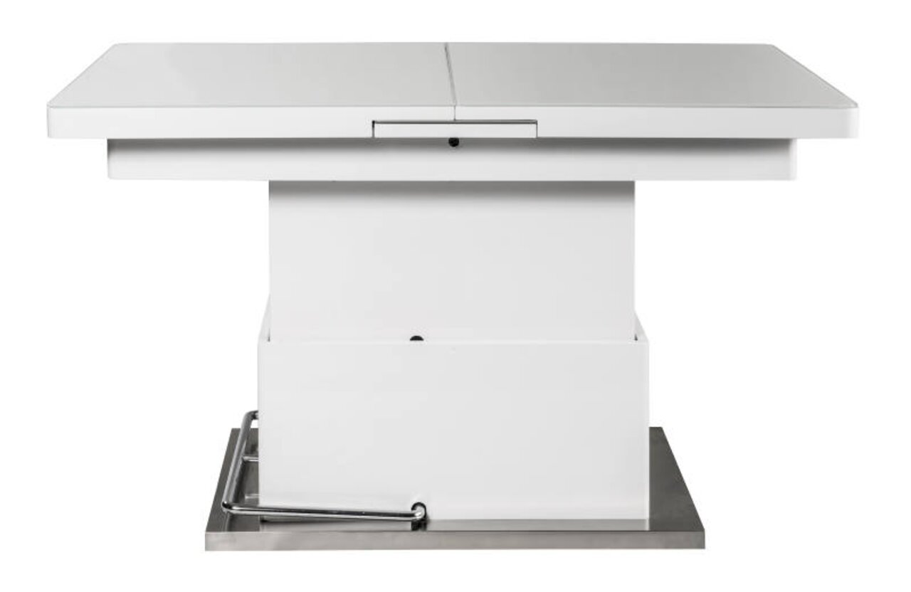 Moderner weißer Funktions-Couchtisch mit verstellbarer Höhe, seitliche Ansicht