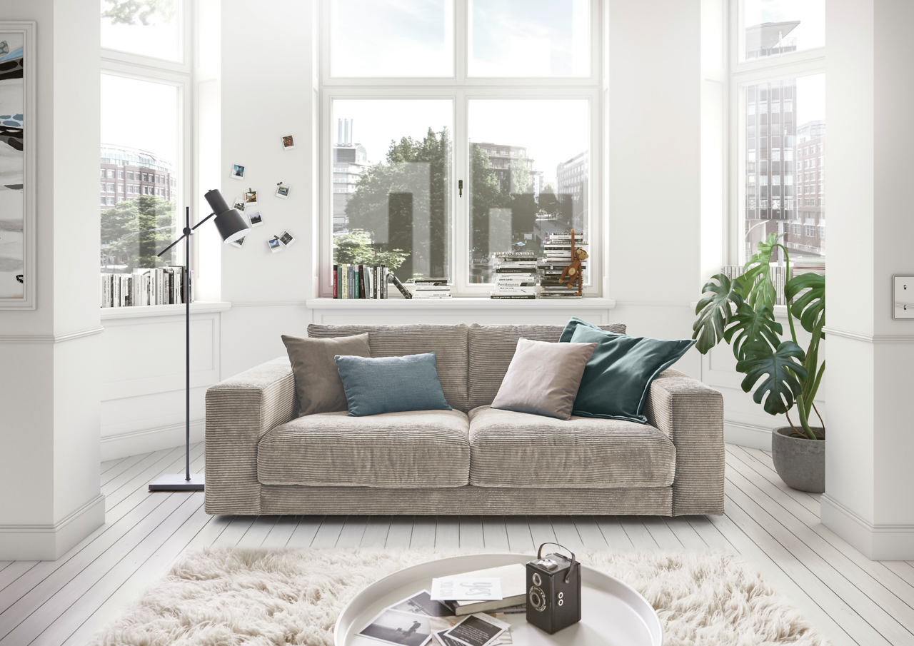 Gemütliches zweisitziges Sofa in einem hellen Wohnzimmer mit großen Fenstern, dekoriert mit Kissen in verschiedenen Farben, aus der Frontalperspektive.