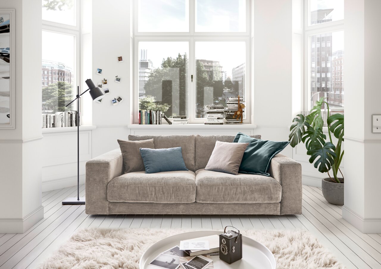 Gemütliches zweisitziges Sofa in einem hellen Wohnzimmer mit großen Fenstern, dekoriert mit Kissen in verschiedenen Farben, aus der Frontalperspektive.