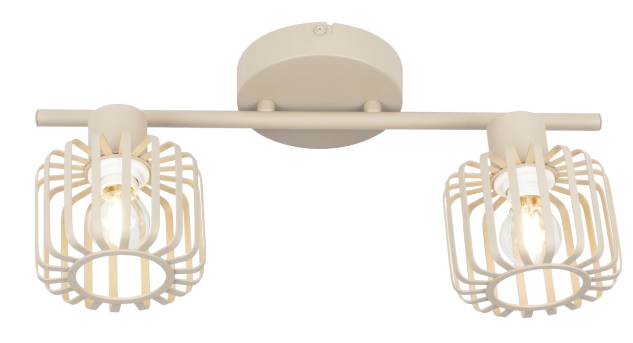 Zweiflammiger Strahler in modernem Design mit beige-farbenen Gitterlampenschirmen, Ansicht von vorne.