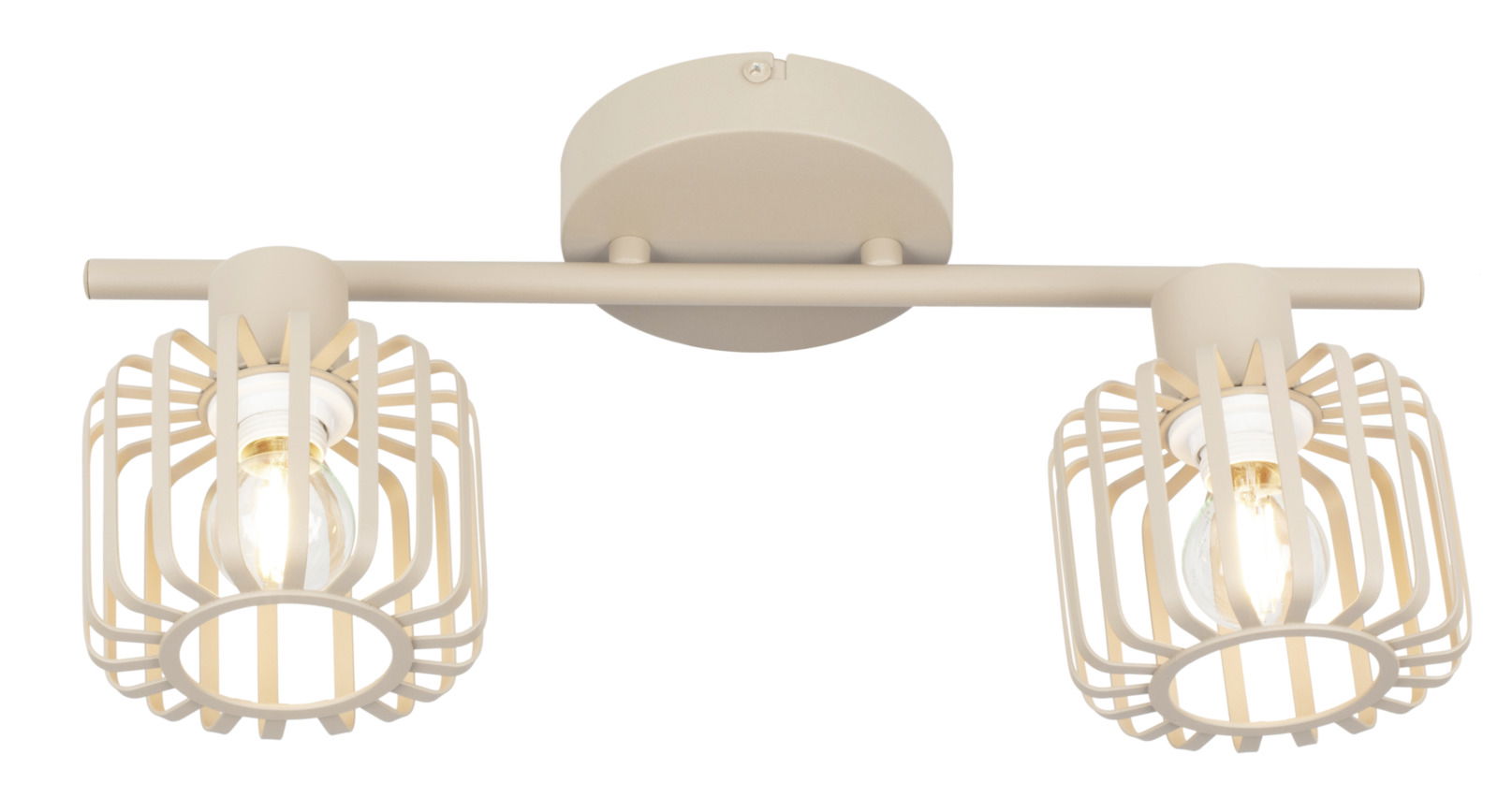 Zweiflammiger Strahler in modernem Design mit beige-farbenen Gitterlampenschirmen, Ansicht von vorne.