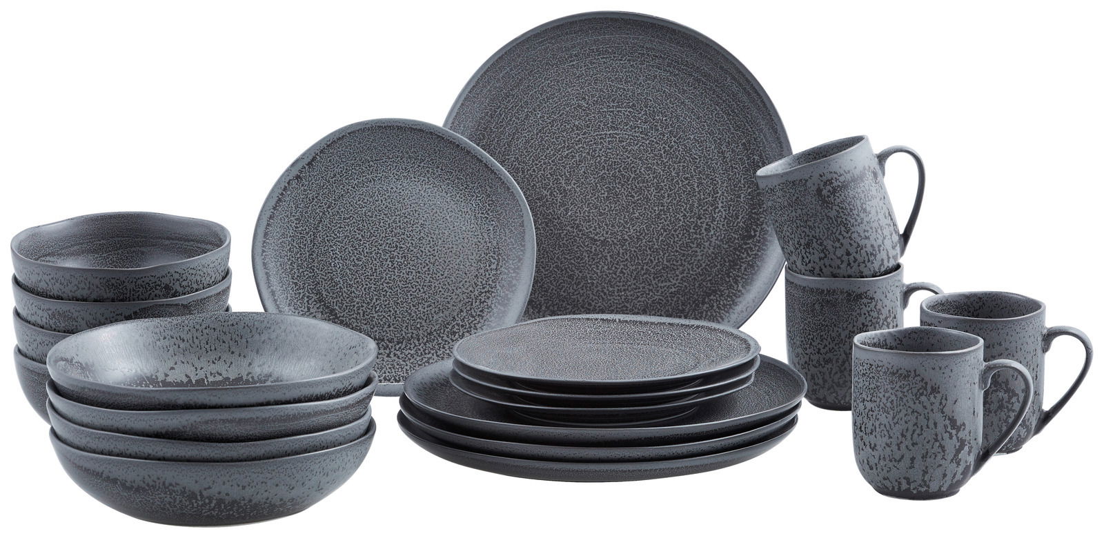 Graues Kombiservice 20-teilig, bestehend aus Tellern, Schalen und Tassen, in einer frontalen Ansicht.