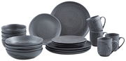 Graues Kombiservice 20-teilig, bestehend aus Tellern, Schalen und Tassen, in einer frontalen Ansicht.