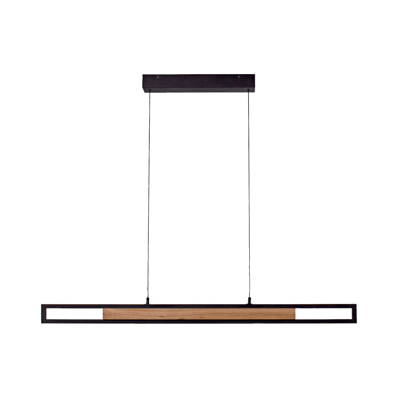 Moderne langwerpige hanglamp met zwart metalen frame en houten accent, recht van voren weergegeven tegen een witte achtergrond