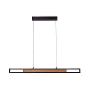 Moderne langwerpige hanglamp met zwart metalen frame en houten accent, recht van voren weergegeven tegen een witte achtergrond