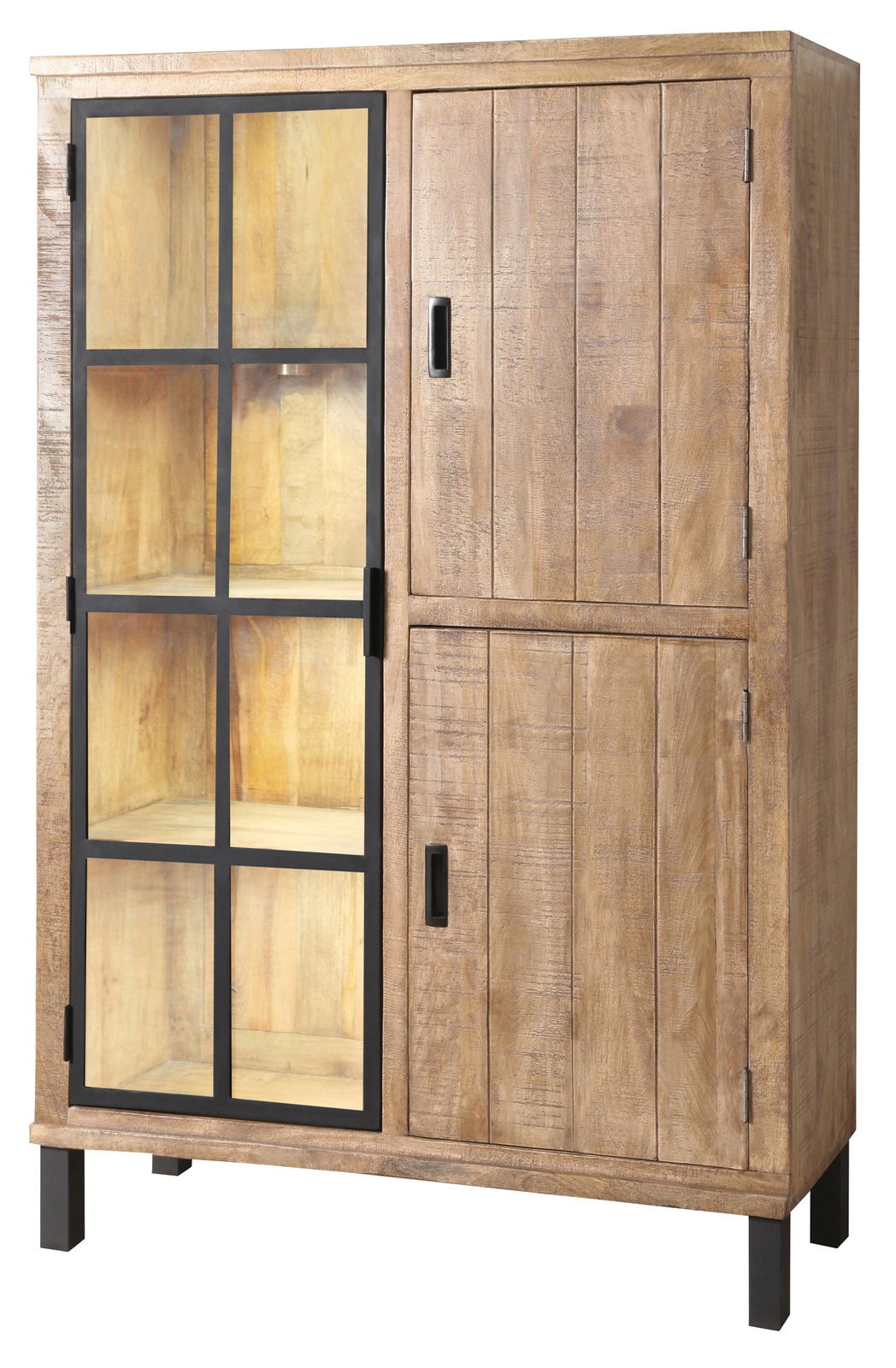 Landscape Hoogkast KALI Rustikales Highboard aus Holz mit Glastür und Metallrahmen, seitliche Perspektive